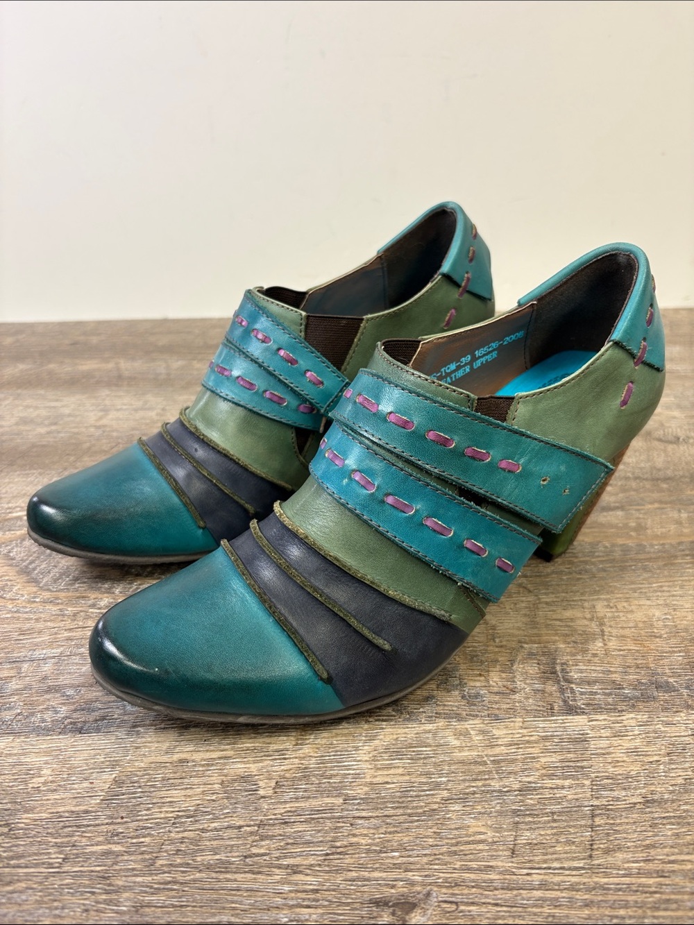 L’Artiste Spring Step Wonderous Leather Heels Teal Green Multi Color EU39/US8.5